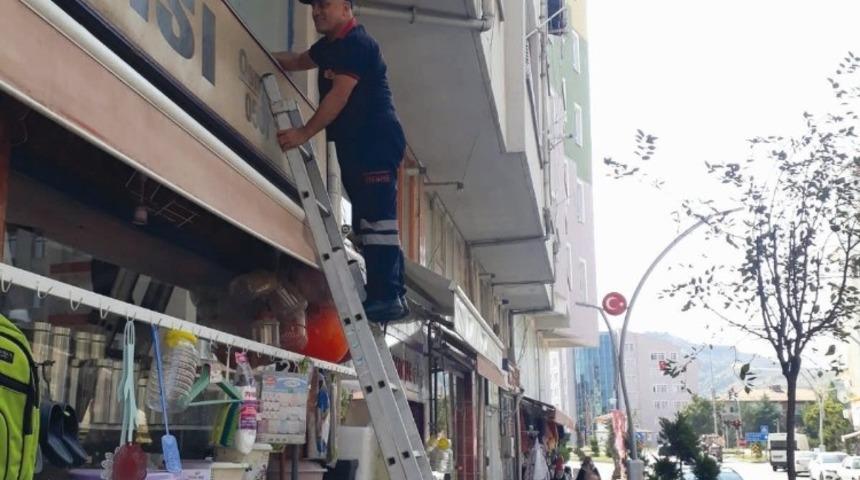 Tabelaya sıkışan g&uuml;vercini itfaiye kurtardı