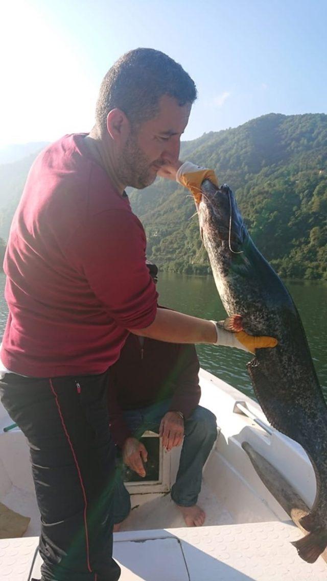 Baraj gölünde 40 kiloluk yayın balığı yakaladı