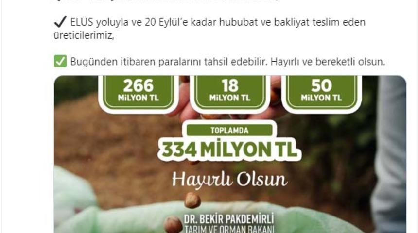 Bakan Pakdemirli: Üzüm, fındık ve hububat üreticilerine 334 milyon ödeme yapıldı