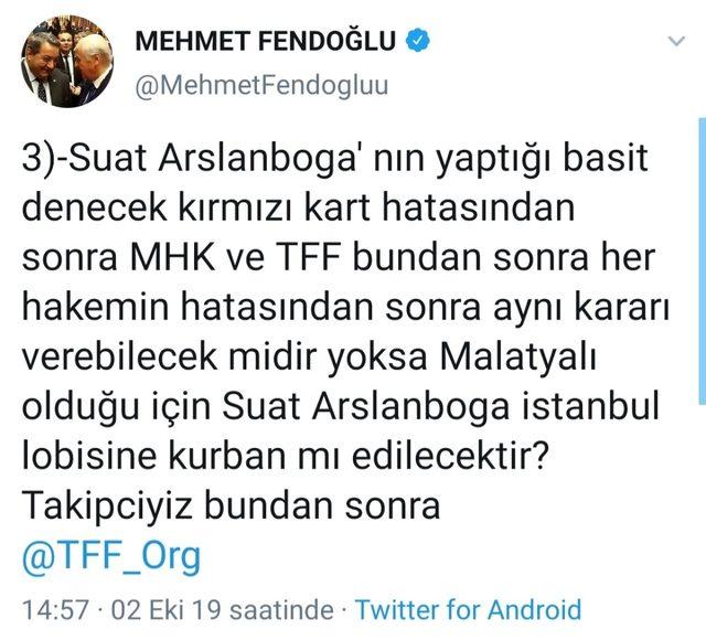 Milletvekili Fendoğlu’ndan Hakem Suat Arslanboğa’ya destek