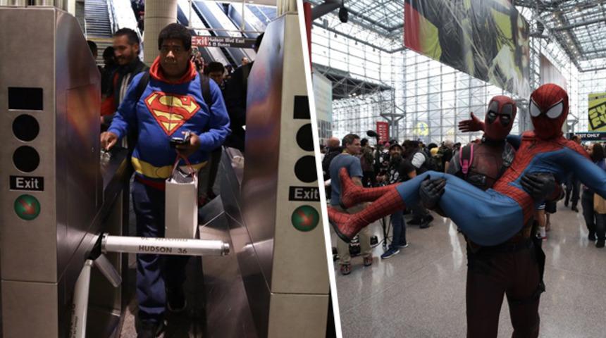 O fuarda ilginç anlar! Metroda Superman, kucakta Spiderman