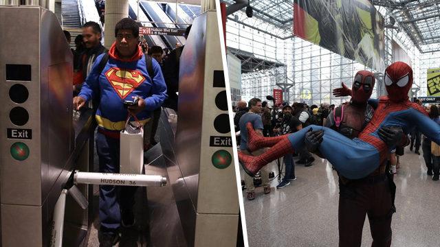 O fuarda ilginç anlar! Metroda Superman, kucakta Spiderman