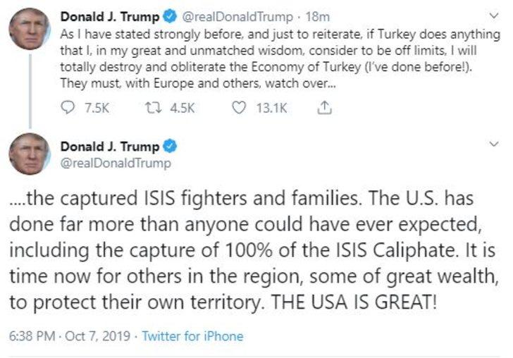 Trump'tan tepki çeken Tweet: Türkiye sınırlarını aşacak bir şey yaparsa ekonomilerini yok ederim