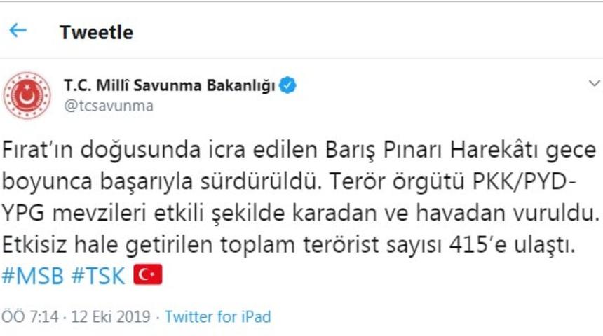 Barış Pınarı Harekatı'nda, 415 ter&ouml;rist etkisiz hale getirildi