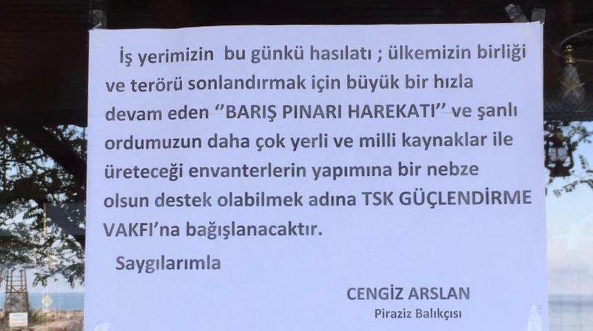Balık&ccedil;ı iş yerinin bir g&uuml;nl&uuml;k hasılatını Barış Pınarı Harekatı&rsquo;na destek i&ccedil;in bağışladı