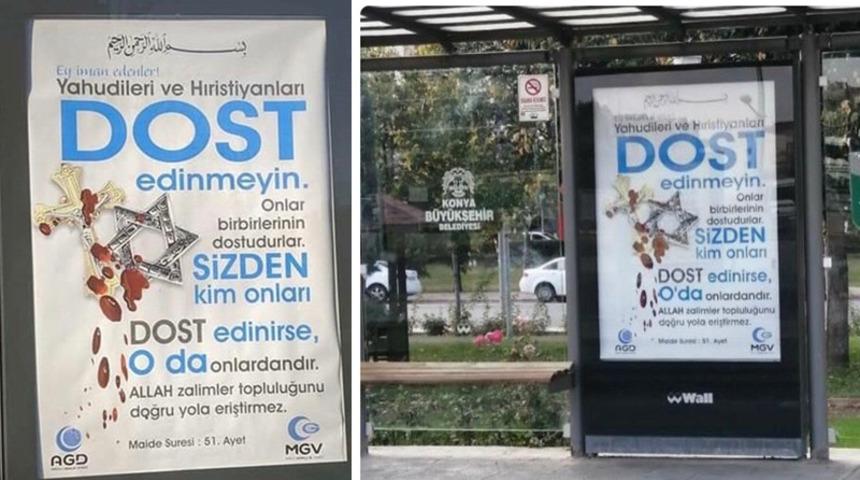 Konya'da otobüs duraklarına asılan afişler sosyal medyada tepki çekti
