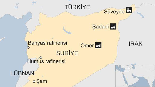 Suriye'nin savaş öncesinde en çok petrol üreten petrol sahaları (Kaynak: Washington Yakın Doğu Politikaları Enstitüsü, 2016)