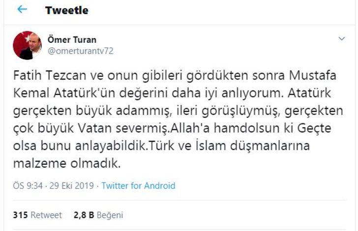 Fatih Tezcan'dan infial yaratan Atatürk mesajı! Twitter'da tepkiler çığ gibi G1