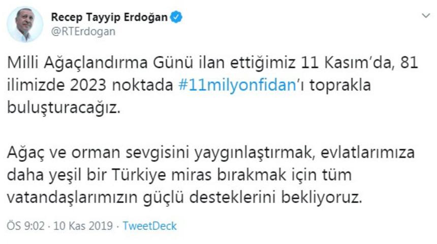 Cumhurbaşkanı Erdoğan'dan 'fidan dikme' çağrısı 