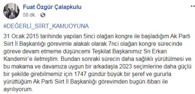 AK Parti Siirt İl Başkanı Çalapkulu, görevinden istifa etti