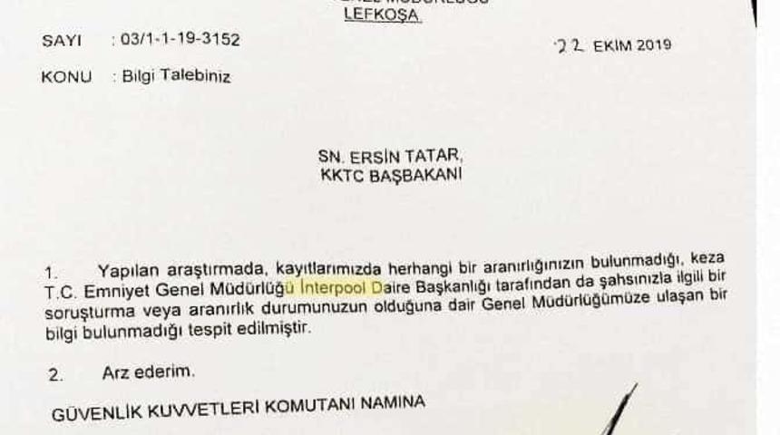 KKTC Başbakanı Tatar, İnterpol'e 'aranıyor muyum' diye sordu