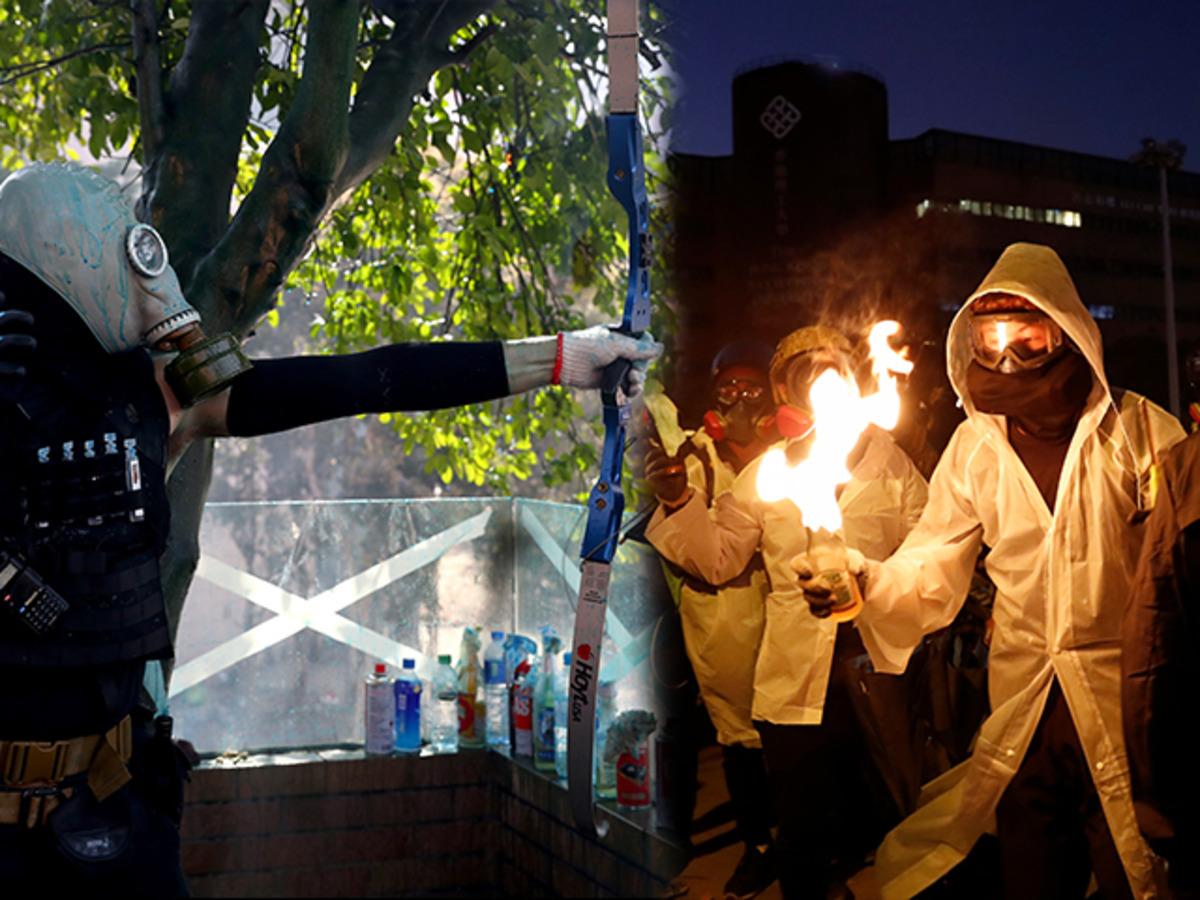 Hong Kong'da sular durulmuyor! Bir polis okla yaralandı