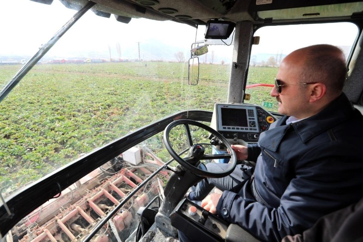 Vali Varol pancar s&ouml;kme makinesiyle hasat yaptı