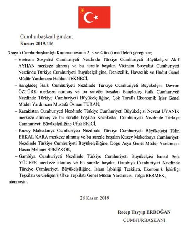 16 ülkeye büyükelçi atandı