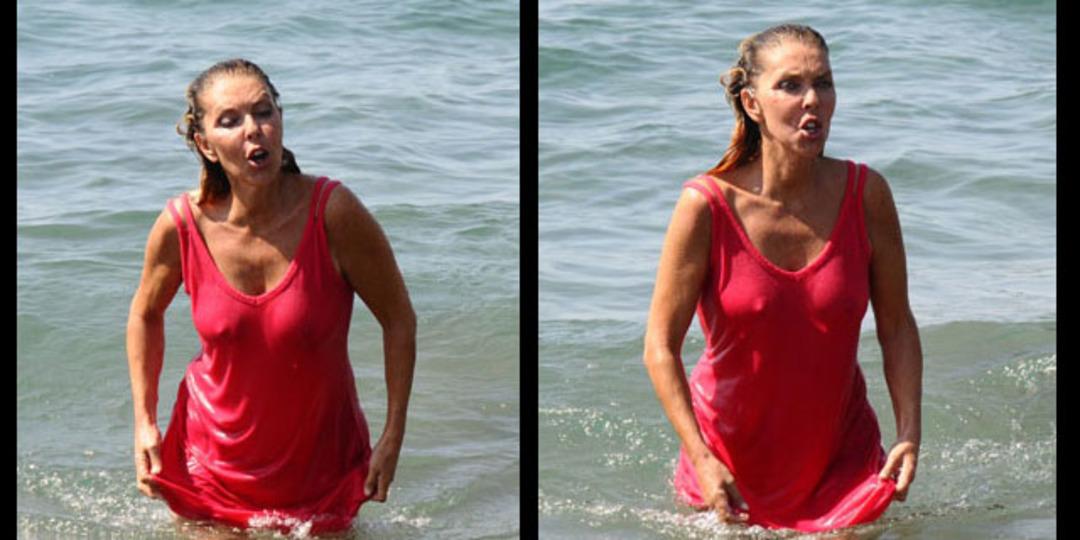 Bikinisiz denize girdi