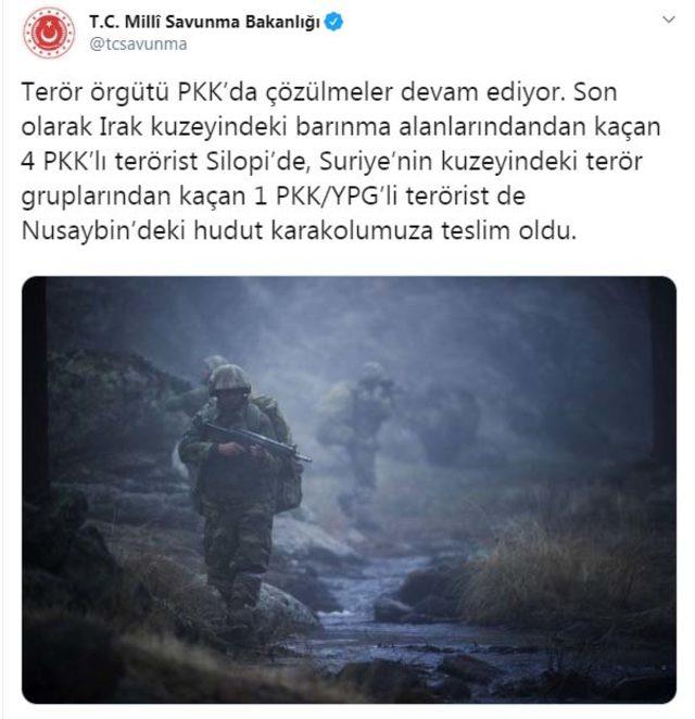 MSB: 5 PKK'lı terörist teslim oldu