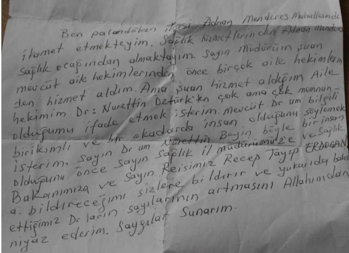 Vatandaştan İl Sağlık M&uuml;d&uuml;r&uuml; Bedir&rsquo;e mektuplu teşekk&uuml;r