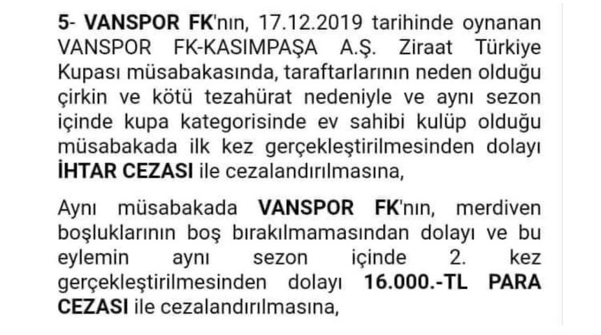 PFDK&rsquo;dan Van Spor FK&rsquo;ye 16 bin lira ceza
