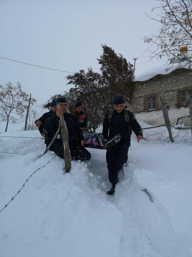 Jandarma ekipleri yolu kapanan mezradaki hastayı 2 kilometre taşıyarak ambulansa ulaştırdı<br />
