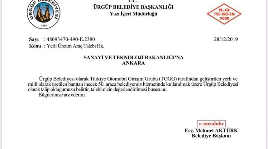 &Uuml;rg&uuml;p Belediyesi yerli otomobilin 50. &uuml;retimine talip oldu