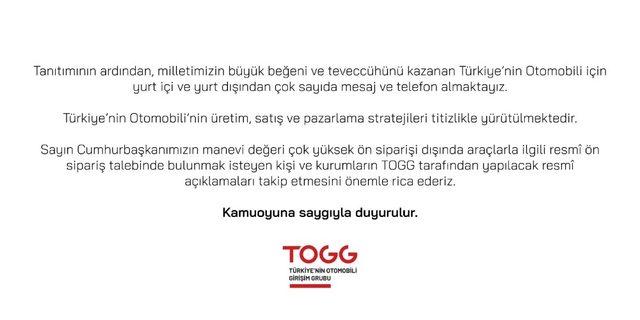 TOGG’dan ön sipariş açıklaması