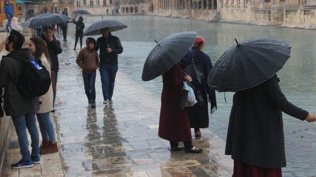 Balıklıgöl’e gelen vatandaşlar balıkları şemsiye altında besledi