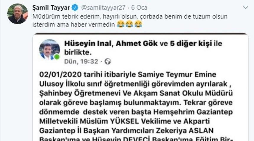 AK Partili eski Gaziantep Milletvekili Şamil Tayyar gündeme getirmişti! Sosyal medya teşekkürü görevden aldırdı