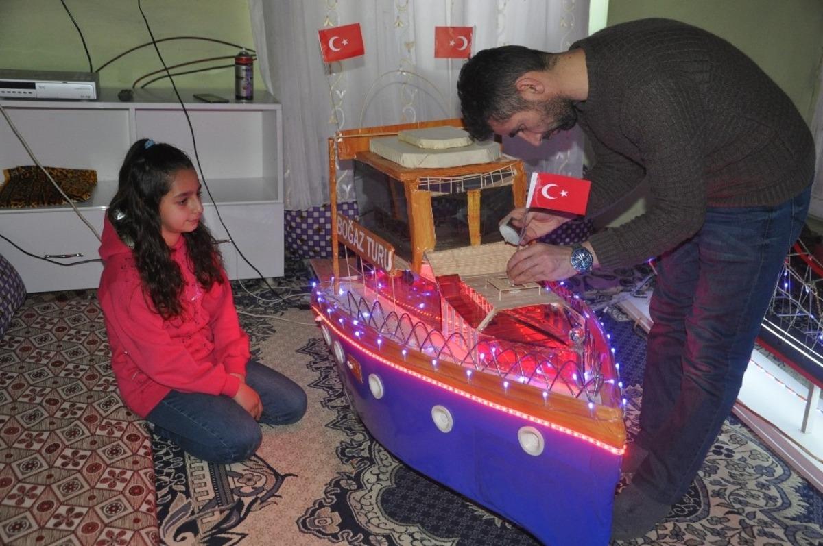 Kızı i&ccedil;in bu kez maket gemi yaptı