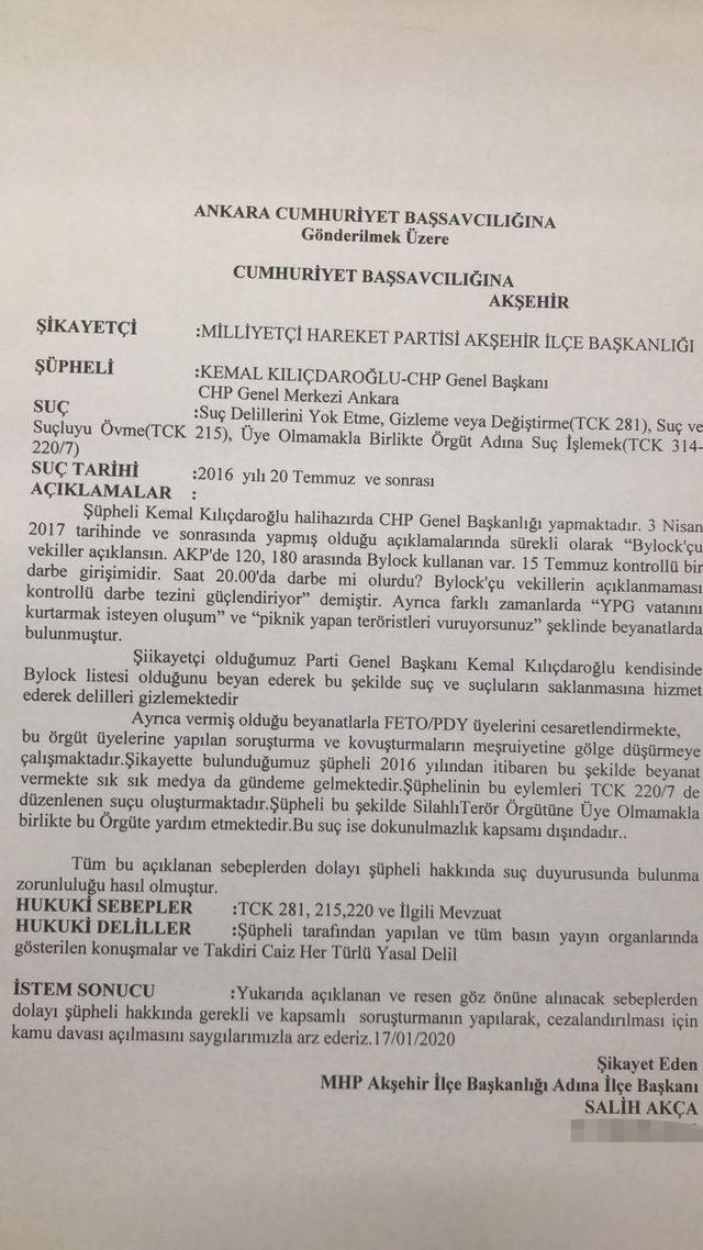 MHP'li Akça'dan Kılıçdaroğlu'na suç duyurusu