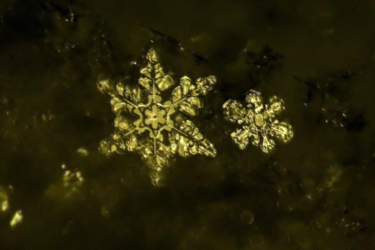 Kar kristallerinin b&uuml;y&uuml;leyici g&ouml;r&uuml;nt&uuml;s&uuml;! 