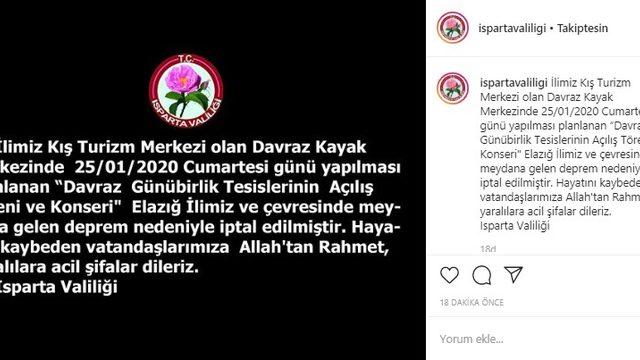 Elazığ depremi nedeniyle Davraz’daki açılış töreni iptal edildi