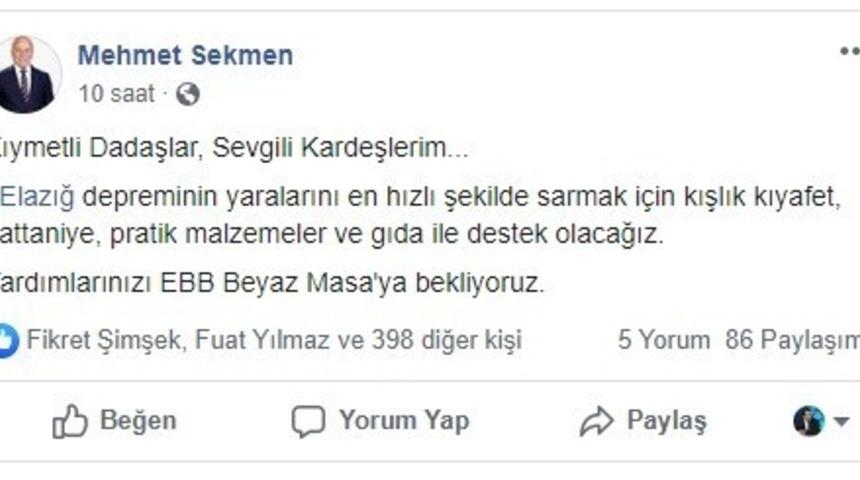 Başkan Sekmen’den depremzedelere yardım çağrısı