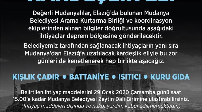 Mudanya&rsquo;dan Elazığ&rsquo;a kardeşlik eli