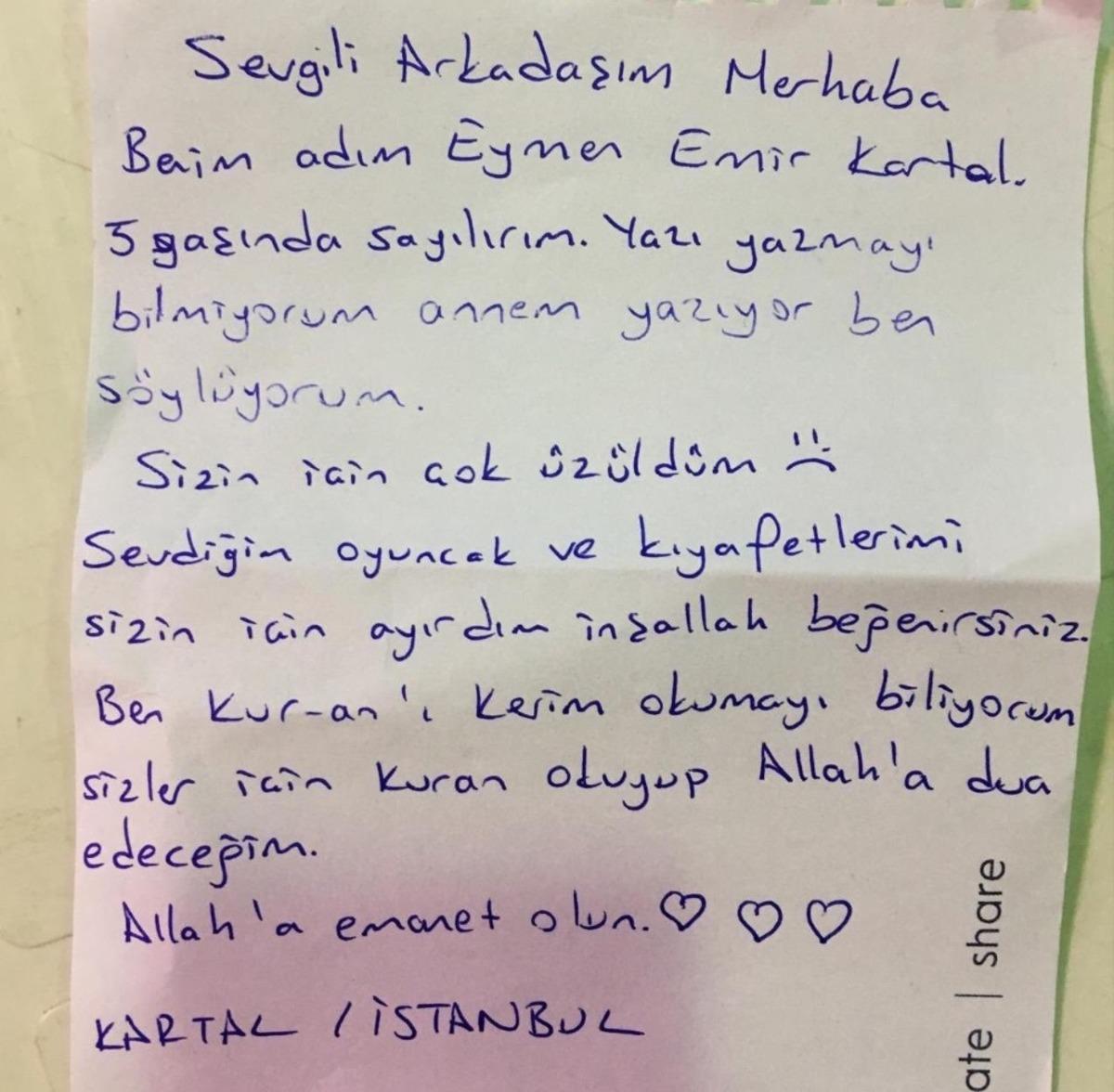 Kartallı &ccedil;ocuklardan Elazığlı depremzedelere duygu y&uuml;kl&uuml; mektuplar