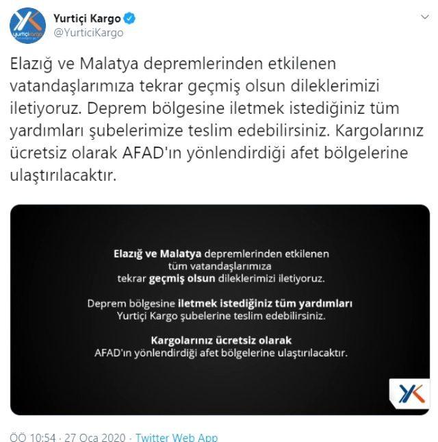 Deprem bölgesine gönderilen yardım kargolarından ücret almayacak