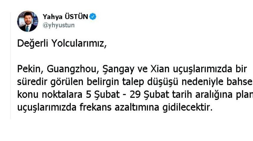 T&uuml;rk Hava Yolları &Ccedil;in&rsquo;de sefer azaltıyor