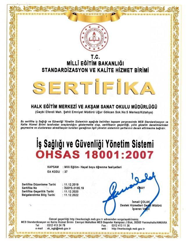 Kütahya HEM’e sertifika