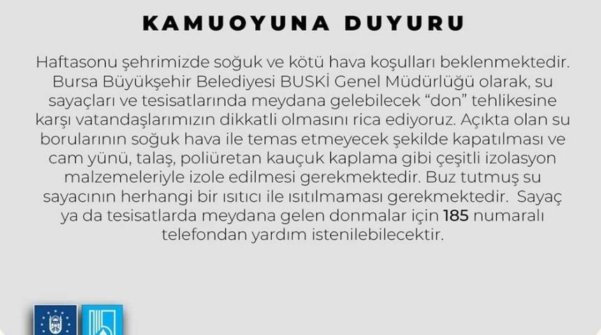 BUSKİ’den don uyarısı