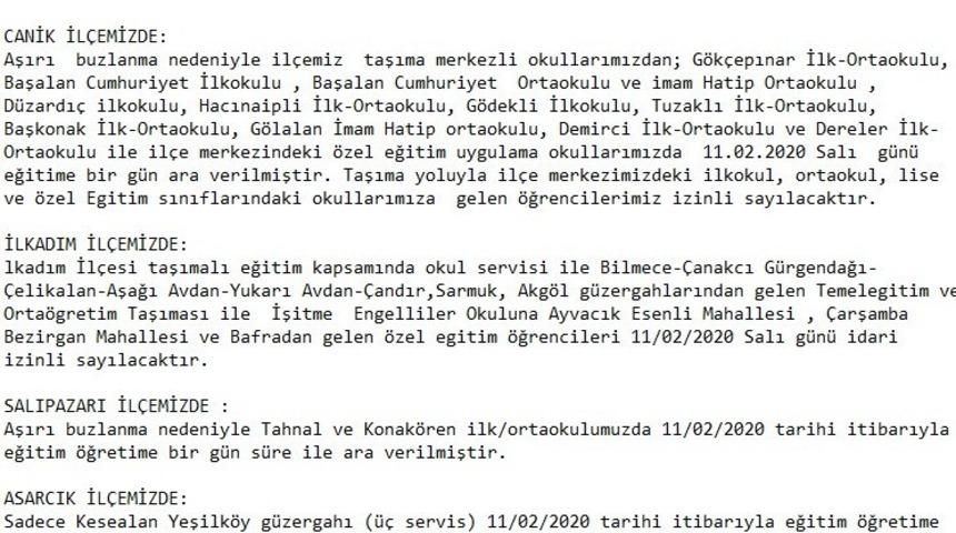Samsun&rsquo;da 9 il&ccedil;ede bazı okullarda taşımalı eğitime bir g&uuml;nl&uuml;k ara verildi