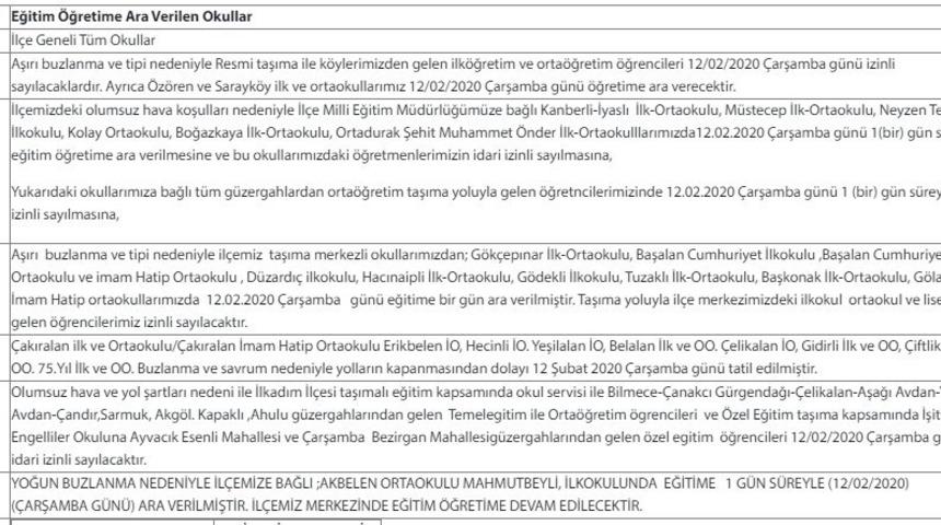 Samsun’da 8 ilçede bazı okullarda eğitime bir günlük ara verildi