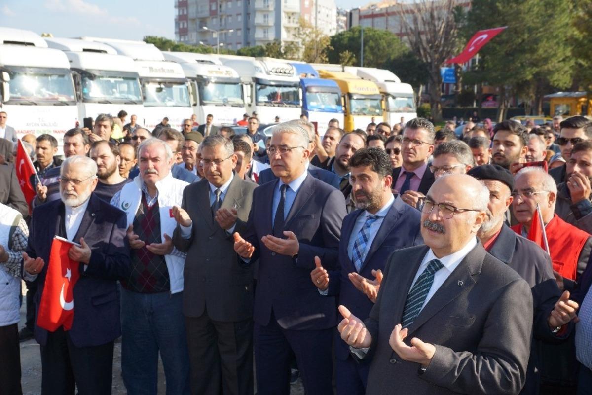 Aydın&rsquo;dan, Elazığ ve İdlib&rsquo;e 28 tırlık yardım malzemesi konvoyu yola &ccedil;ıktı