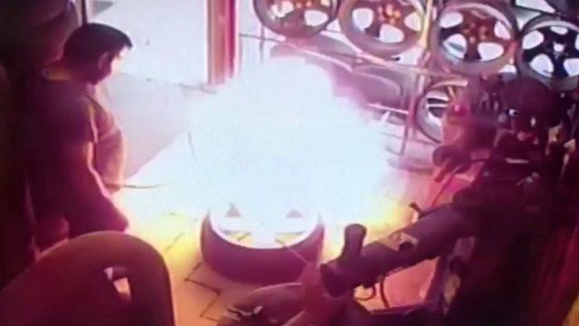 İstanbul’da oto tamircide nitrojen dolu lastiğin patlama anı kamerada