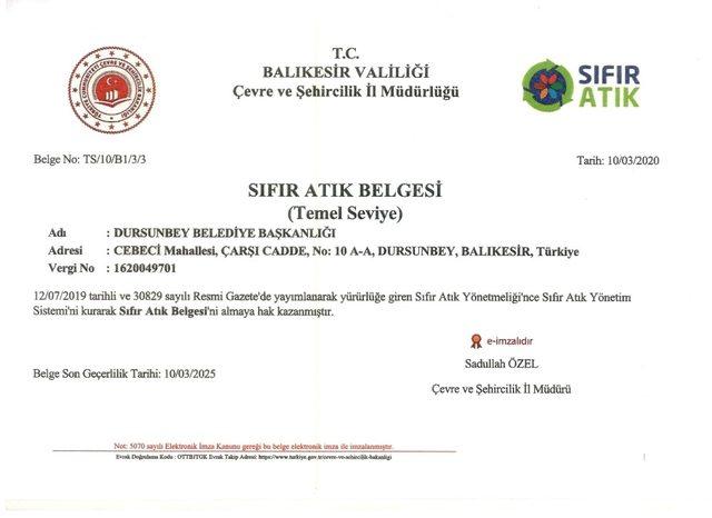 Dursunbey Belediyesi&rsquo;ne "sıfır atık belgesi" 1