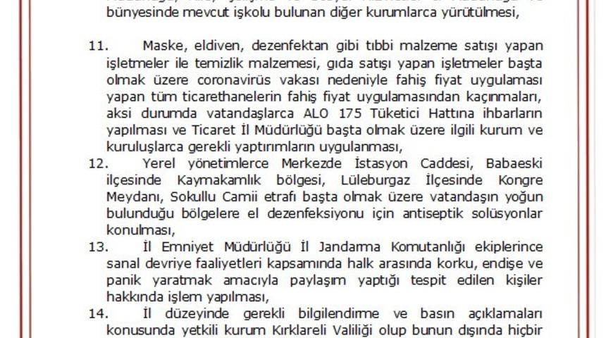 Kırklareli Valiliği&rsquo;nden korona vir&uuml;s kararları