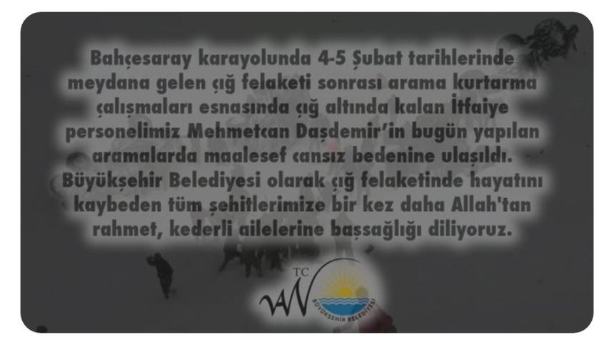 Van B&uuml;y&uuml;kşehir Belediyesinden itfaiye eri i&ccedil;in taziye mesajı