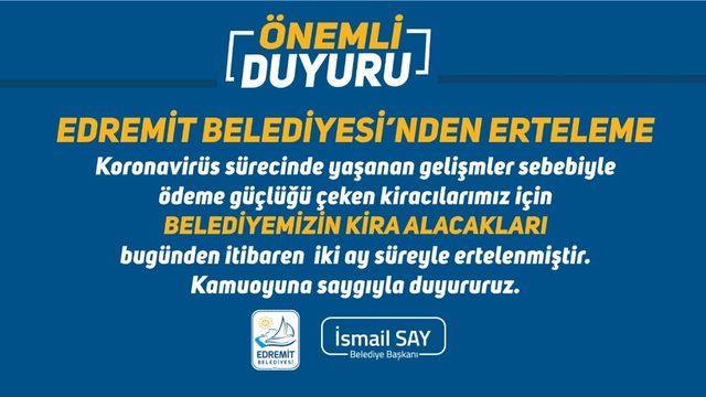 Edremit Belediyesi, kiracılarının borçları 2 ay erteledi