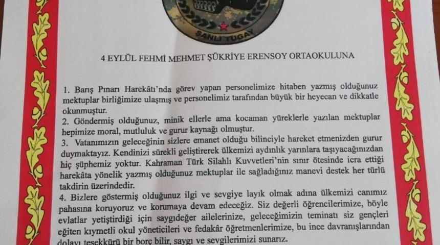 TSK&rsquo;dan &ouml;ğrencilere teşekk&uuml;r belgesi