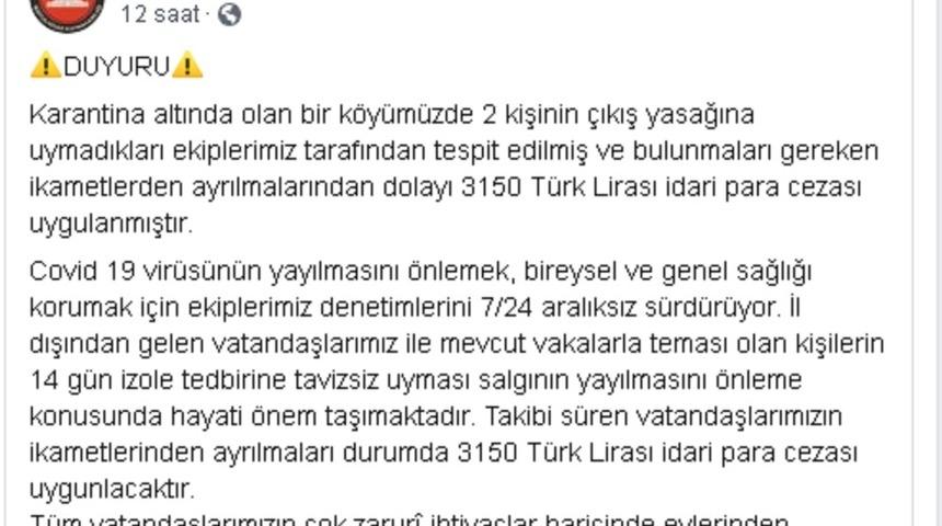 Karantinaya uymayan şahıslara para cezası