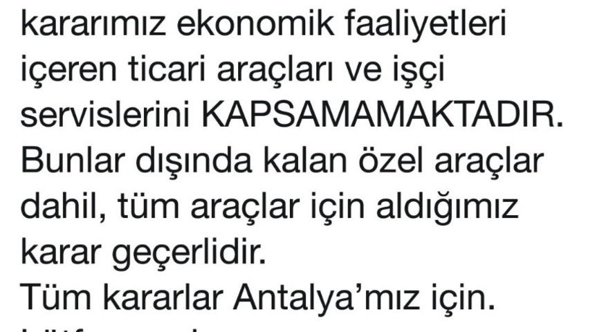 Vali Karaloğlu: &ldquo;Kararımız ekonomik faaliyetleri i&ccedil;eren ticari ara&ccedil;ları ve iş&ccedil;i servislerini kapsamamaktadır&rdquo;
