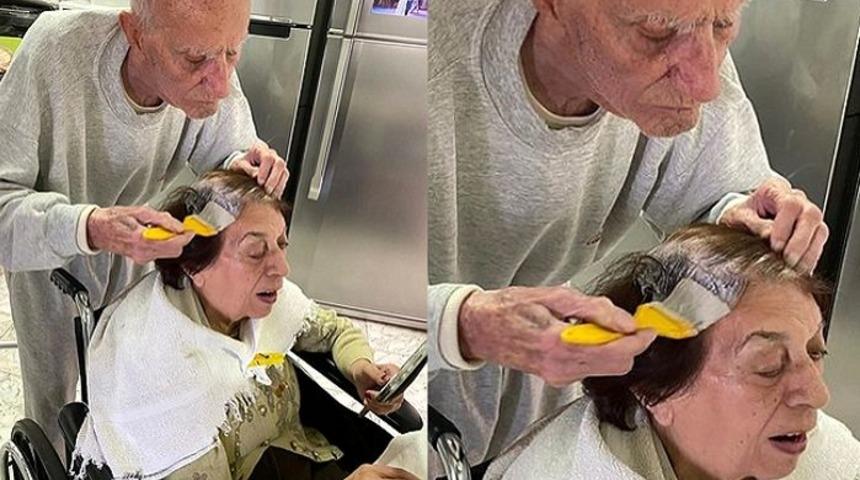 92 yaşındaki adam koronavirüs karantinası nedeniyle kuaföre gidemeyen 89 yaşındaki karısının saçlarını boyadı